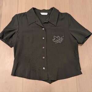 Vintage Olive Green Button-Up Women's Top